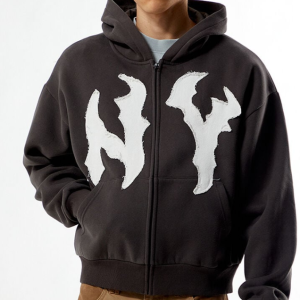 Customized Treet High Street Style Retro Washed Full Zip Hooded Raw Applique Letter Dark Style Retro Heavyweight Hoodie Man