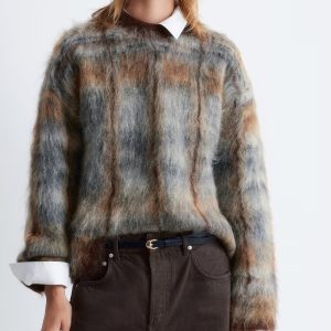 Colorblock Mottled Mohair-Blend Sweater Fluffy Multi-Colored Crewneck Autumn-Winter Retro-Style Knit Mohiar Sweater for Women