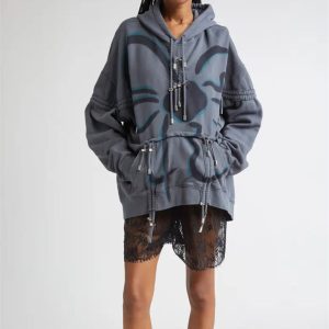 OEM ODM Service Streetwear Inspired in a Charcoal Floral Print with Intricate Drawstrings Hoodie Charcoal Floral Print