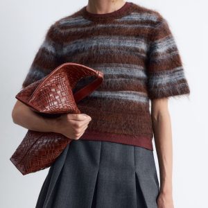 Brushed-Knit Stripe ShortSleeved Sweater Women's Knit Mohair Sweater Retro Style Soft and Comfortable Crochet Sweater for Women