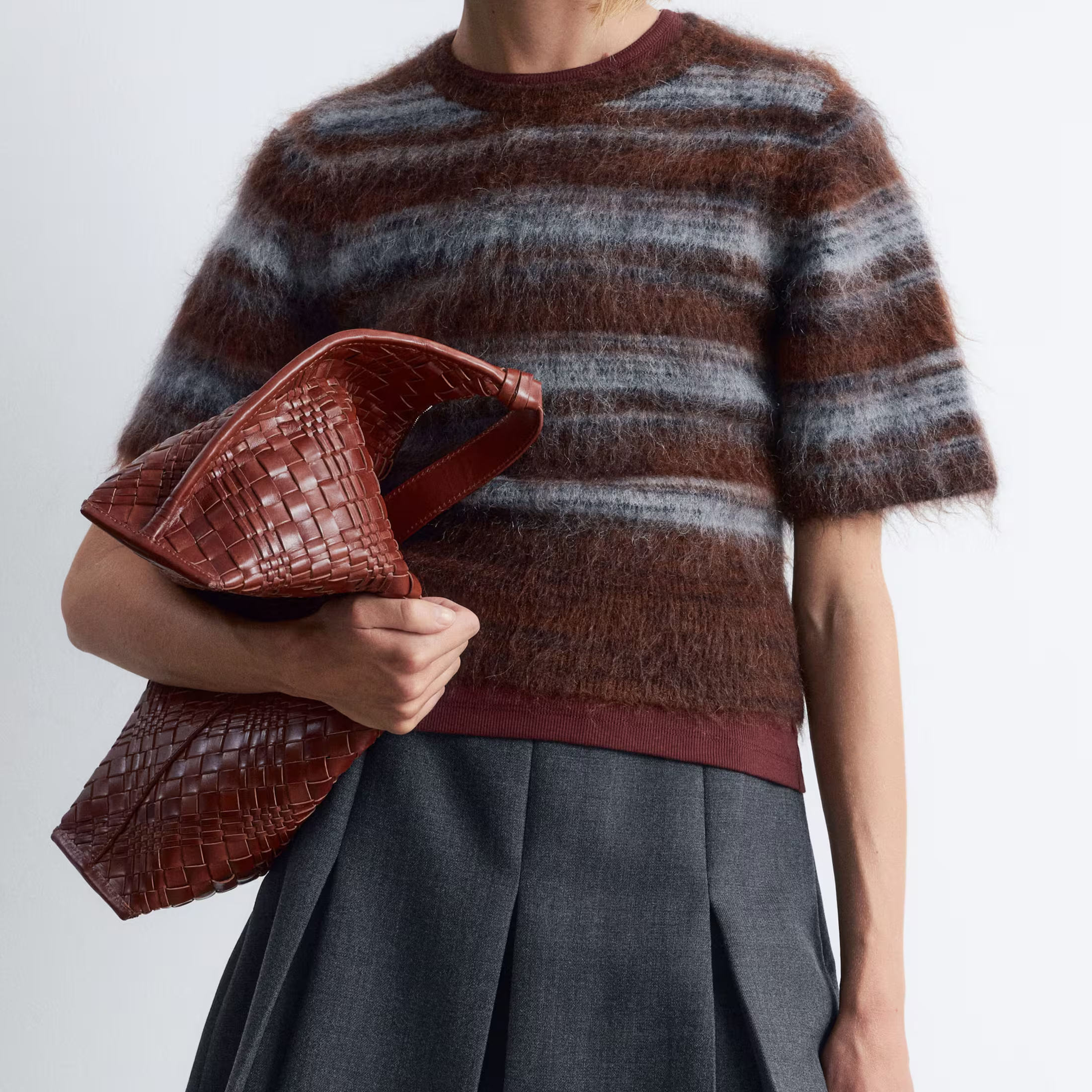 Brushed-Knit Stripe ShortSleeved Sweater Women's Knit Mohair Sweater Retro Style Soft and Comfortable Crochet Sweater for Women