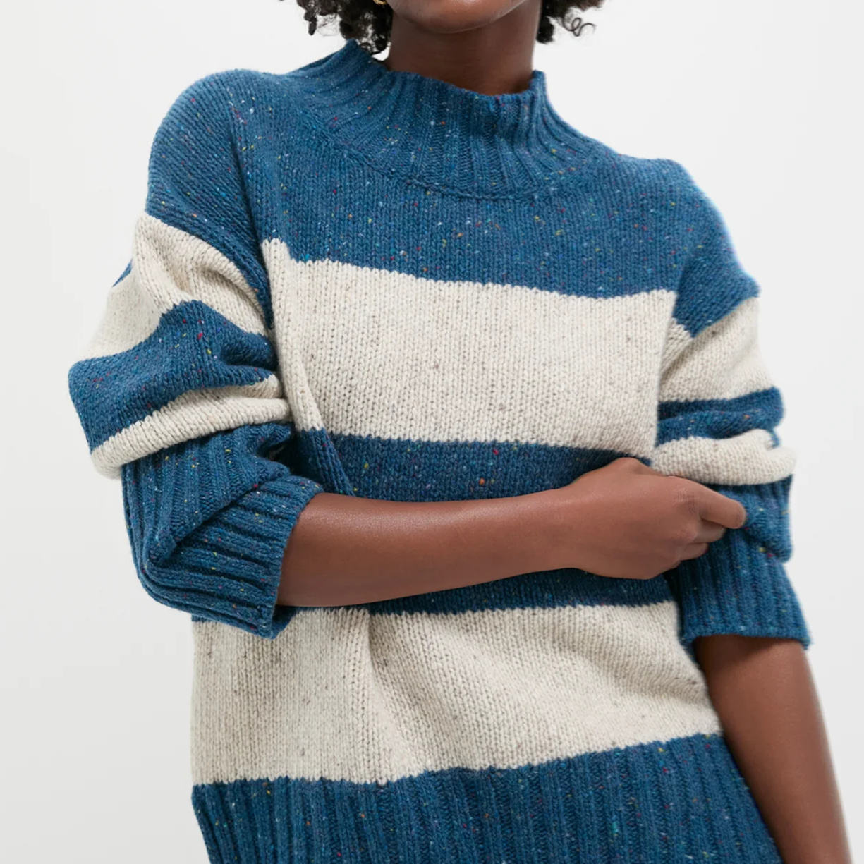 Light Luxury Texture Crew Neck Women's Blue-And-White Striped Turtleneck Loose Knitted Sweater Mohair Sweater for Women - 图片 2