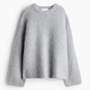 Light Grey Fuzzy Round - Neck Sweater Loose Fit High - End Style Top Minimalist - Style Light Grey Fuzzy Sweater Round - Neck