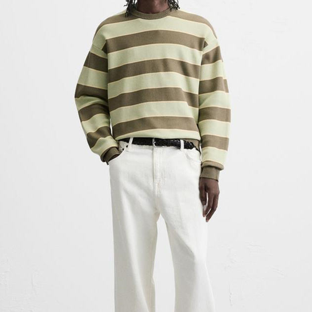 Fashionable Striped Crew - Neck Pullover Knitted Top Color - Block Striped Crew - Neck Sweater for Man Retro - Style Wide - 图片 4