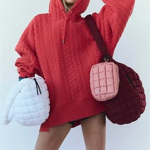 OEM Service Fashionable Retro - Style Red Quilted Pattern Hooded Pullover Sweatshirt Loose Textured Decorated Ladies Hoodie