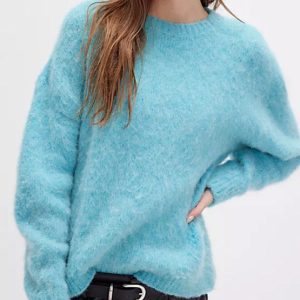Oem Service Light Luxury Texture Blue Crew - Neck Blue Fuzzy Knitted Sweater for Women Knit Sweater Mohair in Autumn