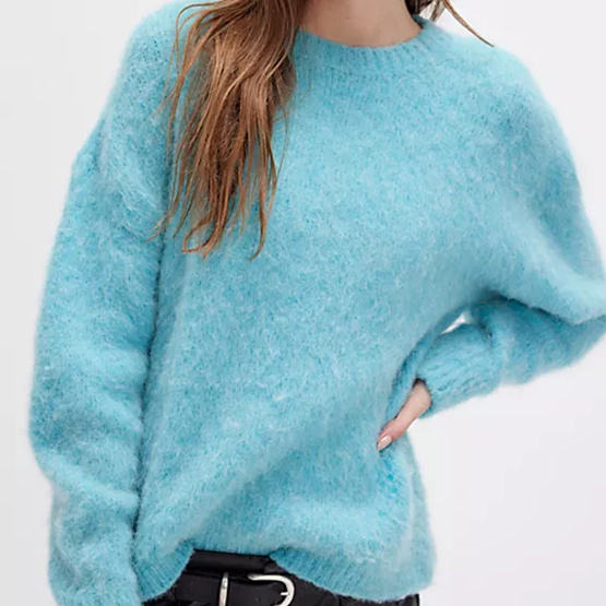 Oem Service Light Luxury Texture Blue Crew - Neck Blue Fuzzy Knitted Sweater for Women Knit Sweater Mohair in Autumn