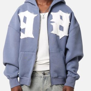 Retro Washed Distressed Applique Oversized Zip - up Hoodie Streetwear "98" Letter Print Oversized Hoodie Street Wear for Man