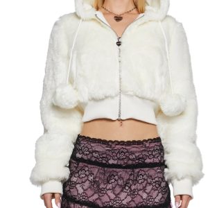 Sweet - Style White Fuzzy Hooded Short Coat Cute Fuzzy - Textured Fashionable Girlish Casual - Style White Fuzzy Ladies Hoodie