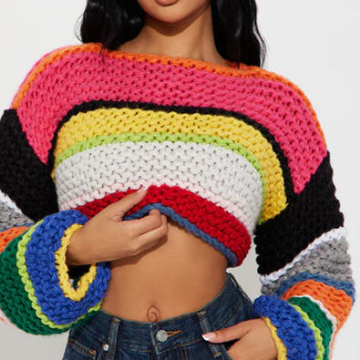 Rainbow Stripe Chunky Knit Cropped Sweater Streetwear Multi-Color Stripe Cropped Knitted Top Contrast Stripe Oversized Pullover