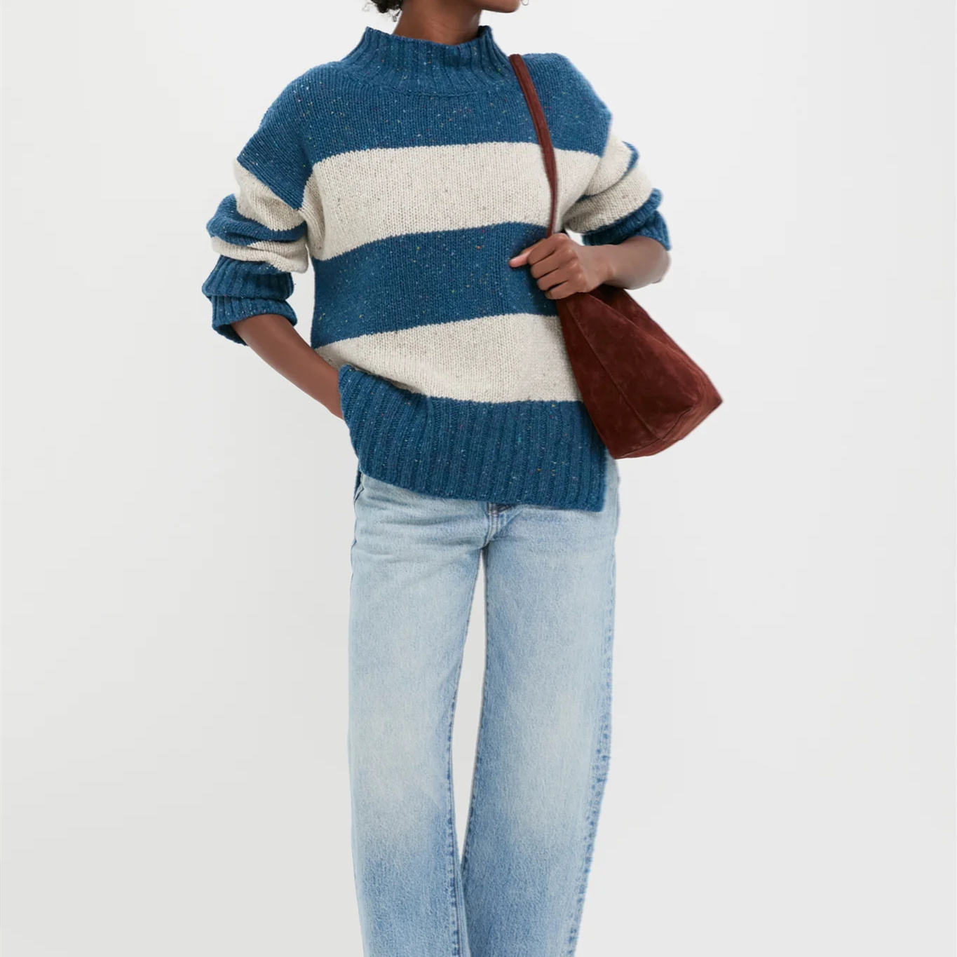 Light Luxury Texture Crew Neck Women's Blue-And-White Striped Turtleneck Loose Knitted Sweater Mohair Sweater for Women
