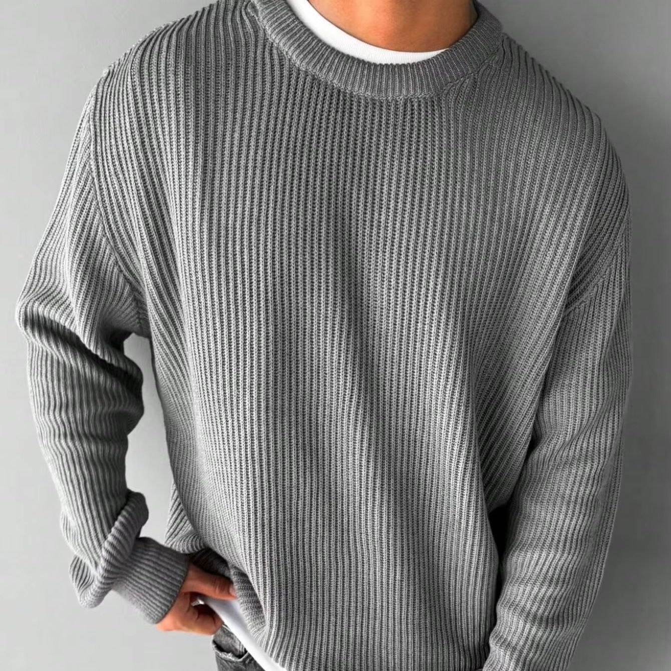 Customized Classic Wide Rib Knit Crew Neck Solid Sweater Ribbed Knit Sweater Minimalist Knitwear Men's Sweater Knitted - 图片 4