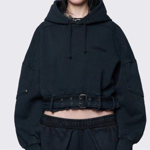 Customize Oversized Minimalist Fashion Contrast Cuff High Neck Pullover Cropped Hoodie Pullover Half Zip High Neck for Woem Knit