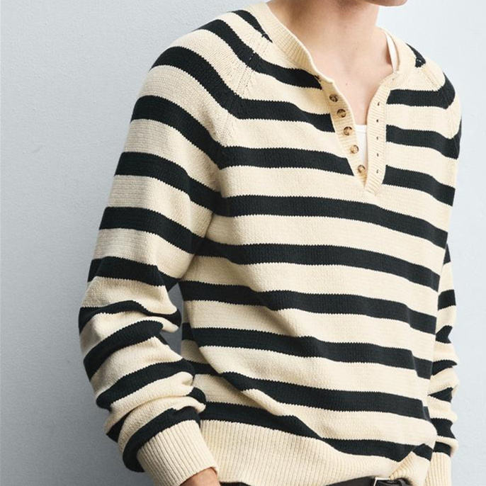Retro Black and Beige Striped Henley-Collar Button-Detailed Knitted Sweater With Ribbed Cuffs Hem and Relaxed Fit for Daily - 图片 3