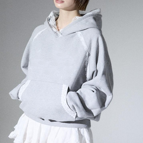 Sweet and Gentle Grey Hoodie with Delicate White Lace Panels on Hood Shoulders and Pockets Fashionable Grey Lace Ladies Hoodie