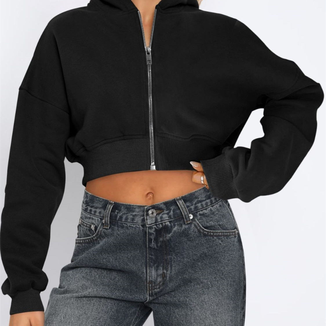 Customize Oversized Minimalist Solid Color Zip up Cropped Hoodie Casual Loose Long Sleeve Zip up Cropped Hoodie Women - 图片 4