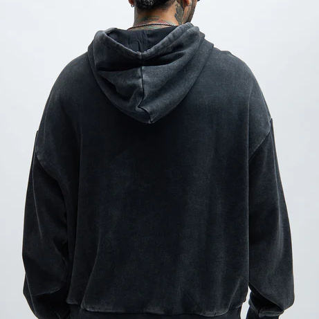 Customized Street Retro Style Distressed Washed Charcoal Black Hooded Sweatshirt Oversize Loose Street Retro Washed Distressed - 图片 2