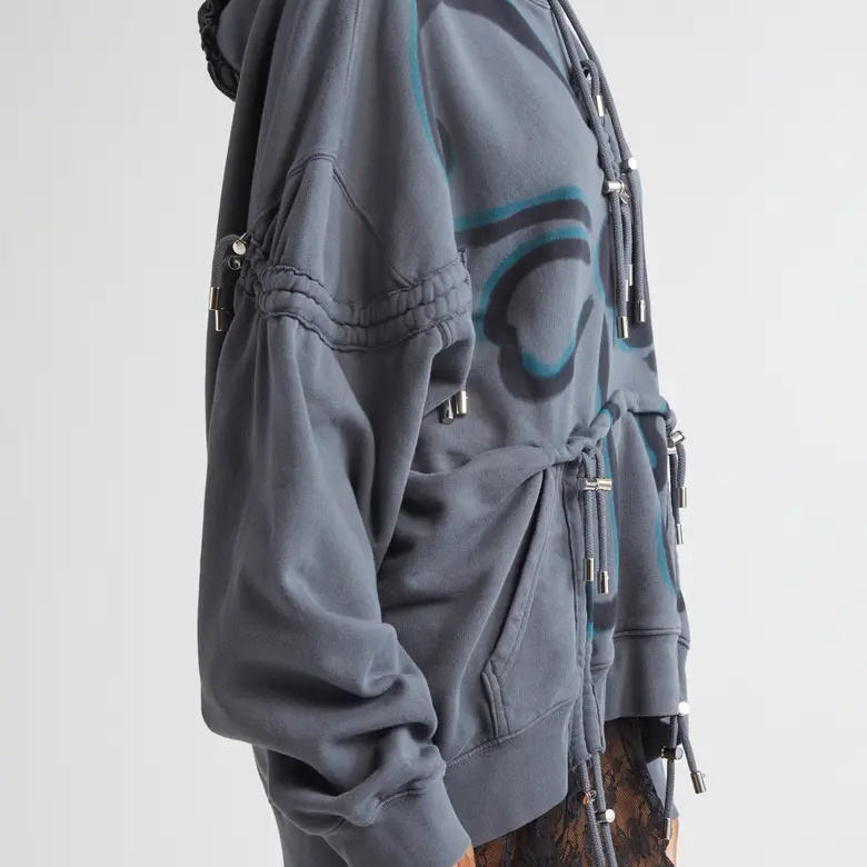 OEM ODM Service Streetwear Inspired in a Charcoal Floral Print with Intricate Drawstrings Hoodie Charcoal Floral Print - 图片 3