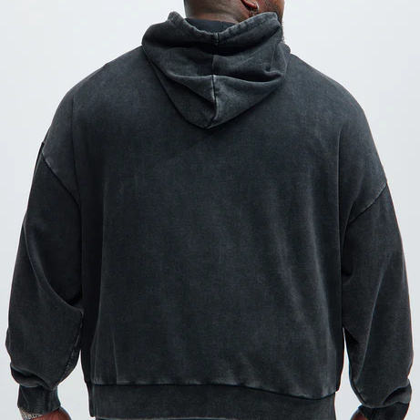 Customized Street Retro Style Distressed Washed Charcoal Black Hooded Sweatshirt Oversize Loose Street Retro Washed Distressed - 图片 4