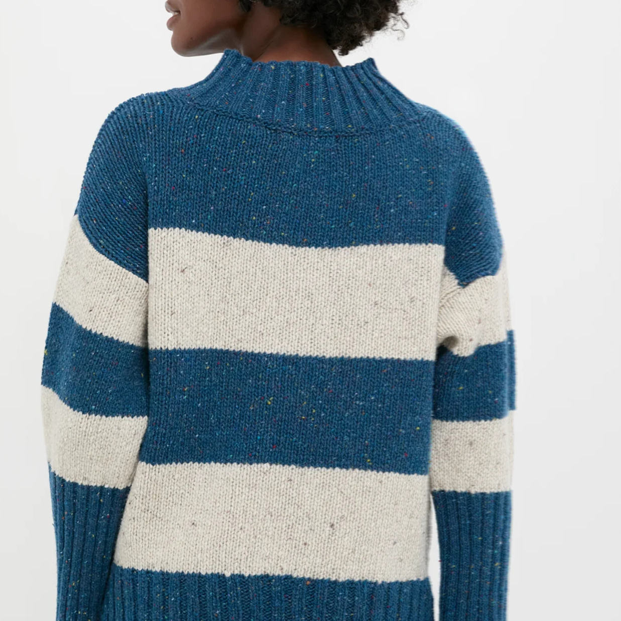 Light Luxury Texture Crew Neck Women's Blue-And-White Striped Turtleneck Loose Knitted Sweater Mohair Sweater for Women - 图片 4