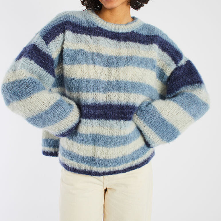 Fashionable Versatile Vintage-Style Blue-And-White Striped Crew-Neck Fuzzy Knitted Sweater for Women Mohair Knit Sweater