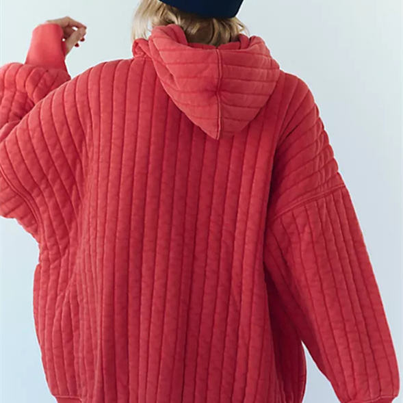 OEM Service Fashionable Retro - Style Red Quilted Pattern Hooded Pullover Sweatshirt Loose Textured Decorated Ladies Hoodie - 图片 3