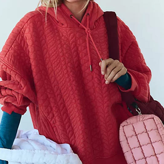 OEM Service Fashionable Retro - Style Red Quilted Pattern Hooded Pullover Sweatshirt Loose Textured Decorated Ladies Hoodie - 图片 2