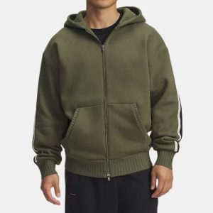 Customized Retro Sport Heavyweight Rib Zip up Sweatshirt Green Stripes Loose Trendy Mens High Street Knit Hoodie