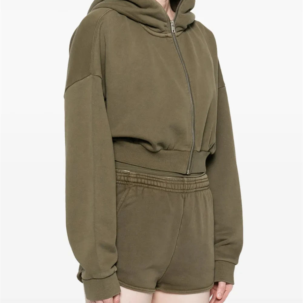 Trendy Olive Green Cropped Hoodie with Modern Design Details for Women Casual Athletic Full-Zip Cropped Hoodie Perfect Hooded - 图片 2