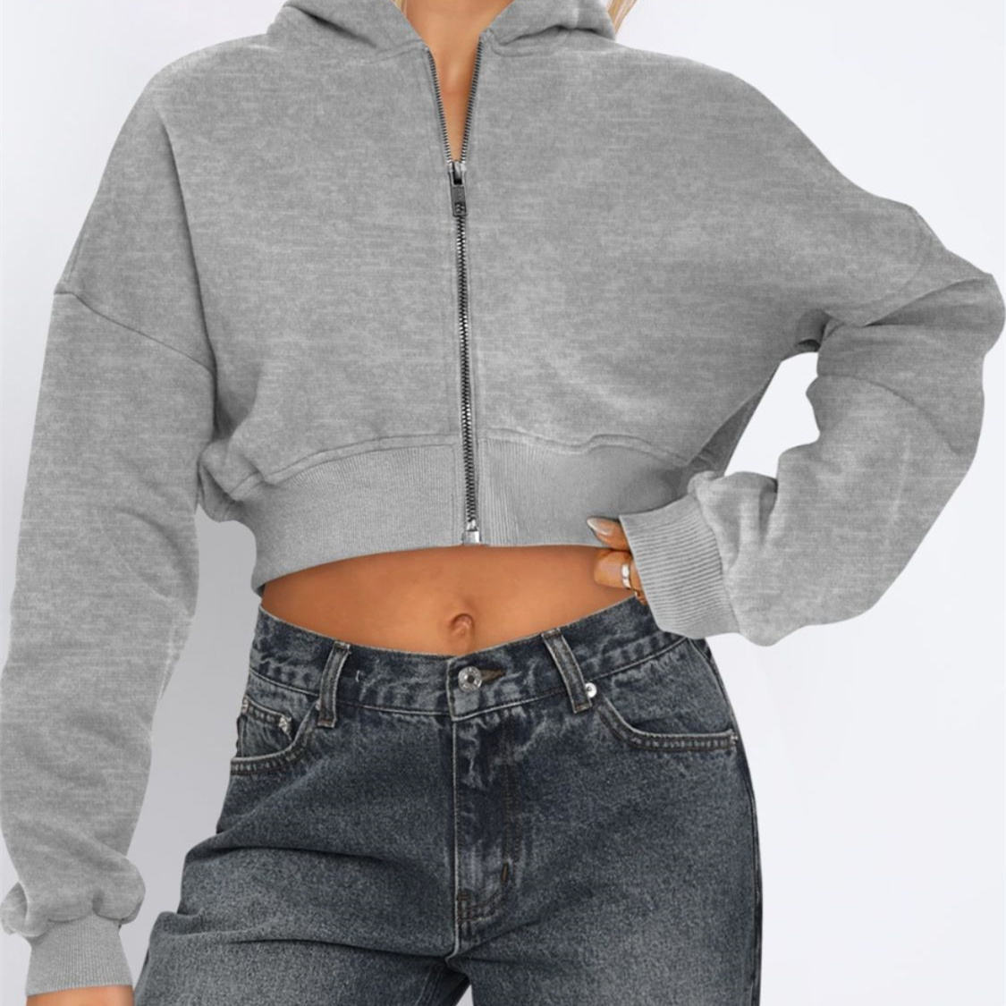 Customize Oversized Minimalist Solid Color Zip up Cropped Hoodie Casual Loose Long Sleeve Zip up Cropped Hoodie Women