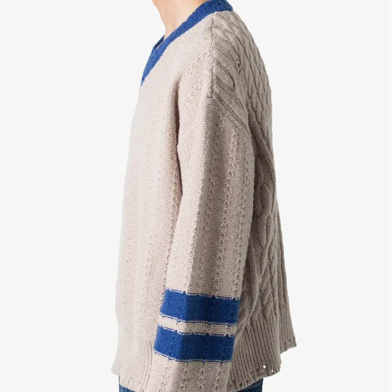 Custom Varsity V Neck Distressed Knitted Sweater Varsity Sweater Distressed Knit Custom v Neck Jumper Pullover for Men - 图片 3