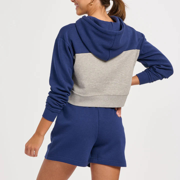 Customize Oversized Navy Blue Oxford Heather Color Block Cropped Hoodie Casual Loose Knit Sweatshirt High Waist - 图片 4
