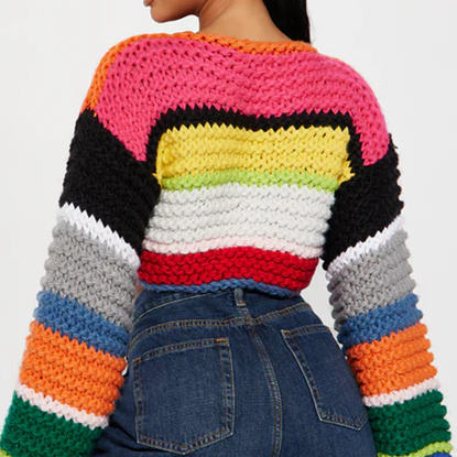 Rainbow Stripe Chunky Knit Cropped Sweater Streetwear Multi-Color Stripe Cropped Knitted Top Contrast Stripe Oversized Pullover - 图片 3