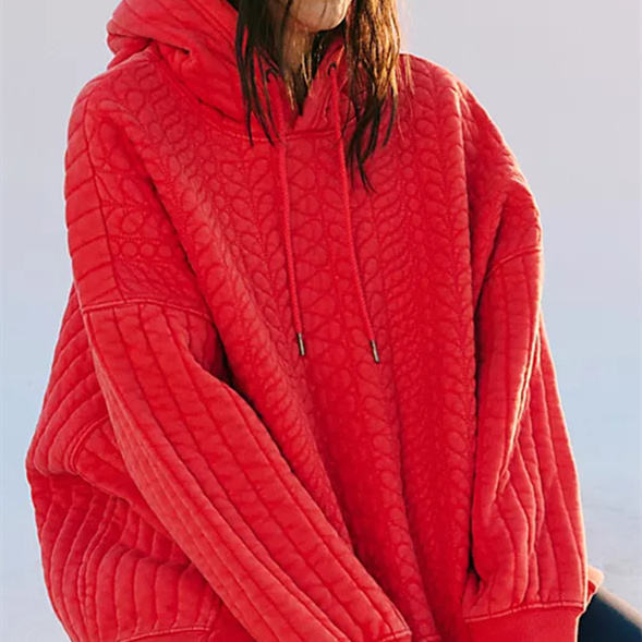 OEM Service Fashionable Retro - Style Red Quilted Pattern Hooded Pullover Sweatshirt Loose Textured Decorated Ladies Hoodie - 图片 4