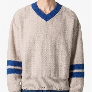 Custom Varsity V Neck Distressed Knitted Sweater Varsity Sweater Distressed Knit Custom v Neck Jumper Pullover for Men