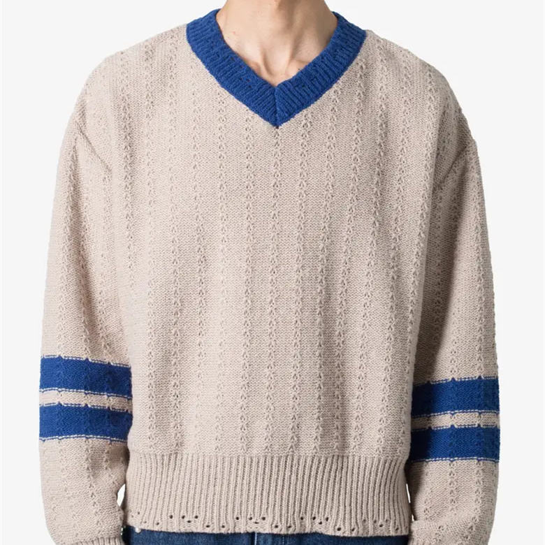 Custom Varsity V Neck Distressed Knitted Sweater Varsity Sweater Distressed Knit Custom v Neck Jumper Pullover for Men