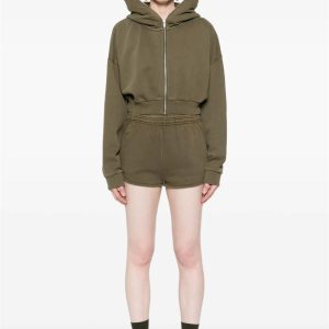 Trendy Olive Green Cropped Hoodie with Modern Design Details for Women Casual Athletic Full-Zip Cropped Hoodie Perfect Hooded