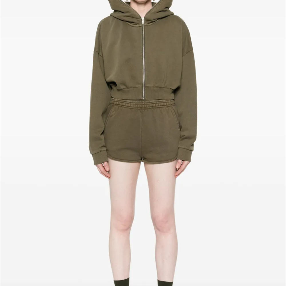 Trendy Olive Green Cropped Hoodie with Modern Design Details for Women Casual Athletic Full-Zip Cropped Hoodie Perfect Hooded