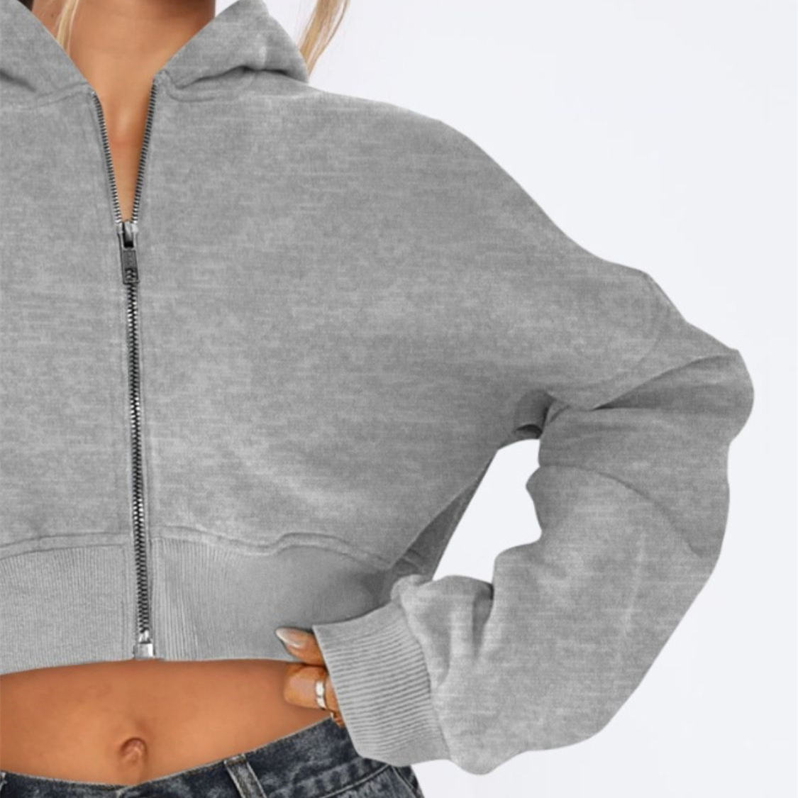 Customize Oversized Minimalist Solid Color Zip up Cropped Hoodie Casual Loose Long Sleeve Zip up Cropped Hoodie Women - 图片 2