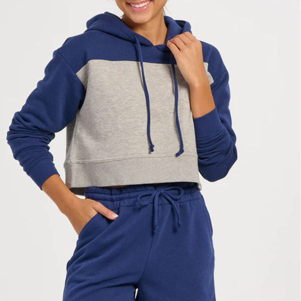 Customize Oversized Navy Blue Oxford Heather Color Block Cropped Hoodie Casual Loose Knit Sweatshirt High Waist
