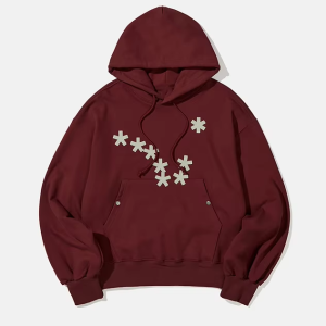Trendy Wine -Red Hooded Sweatshirt Cross Star Patch Design Unique Casual Daily Top Haute - Couture - Style Hoodie High Quality