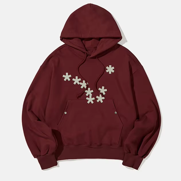 Trendy Wine -Red Hooded Sweatshirt Cross Star Patch Design Unique Casual Daily Top Haute - Couture - Style Hoodie High Quality