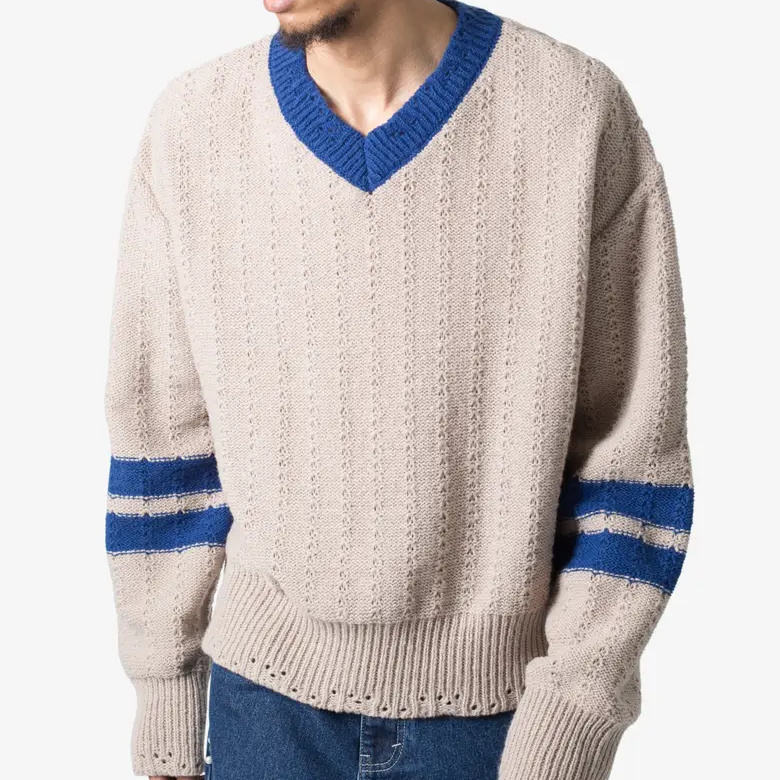 Custom Varsity V Neck Distressed Knitted Sweater Varsity Sweater Distressed Knit Custom v Neck Jumper Pullover for Men - 图片 2